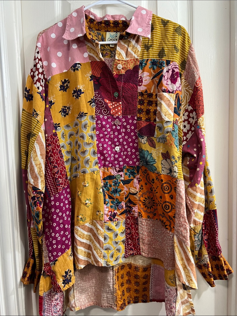 Jaded Gypsy Boho Patchwork Button-Down Shirt - Pink, Mustard & Burgundy